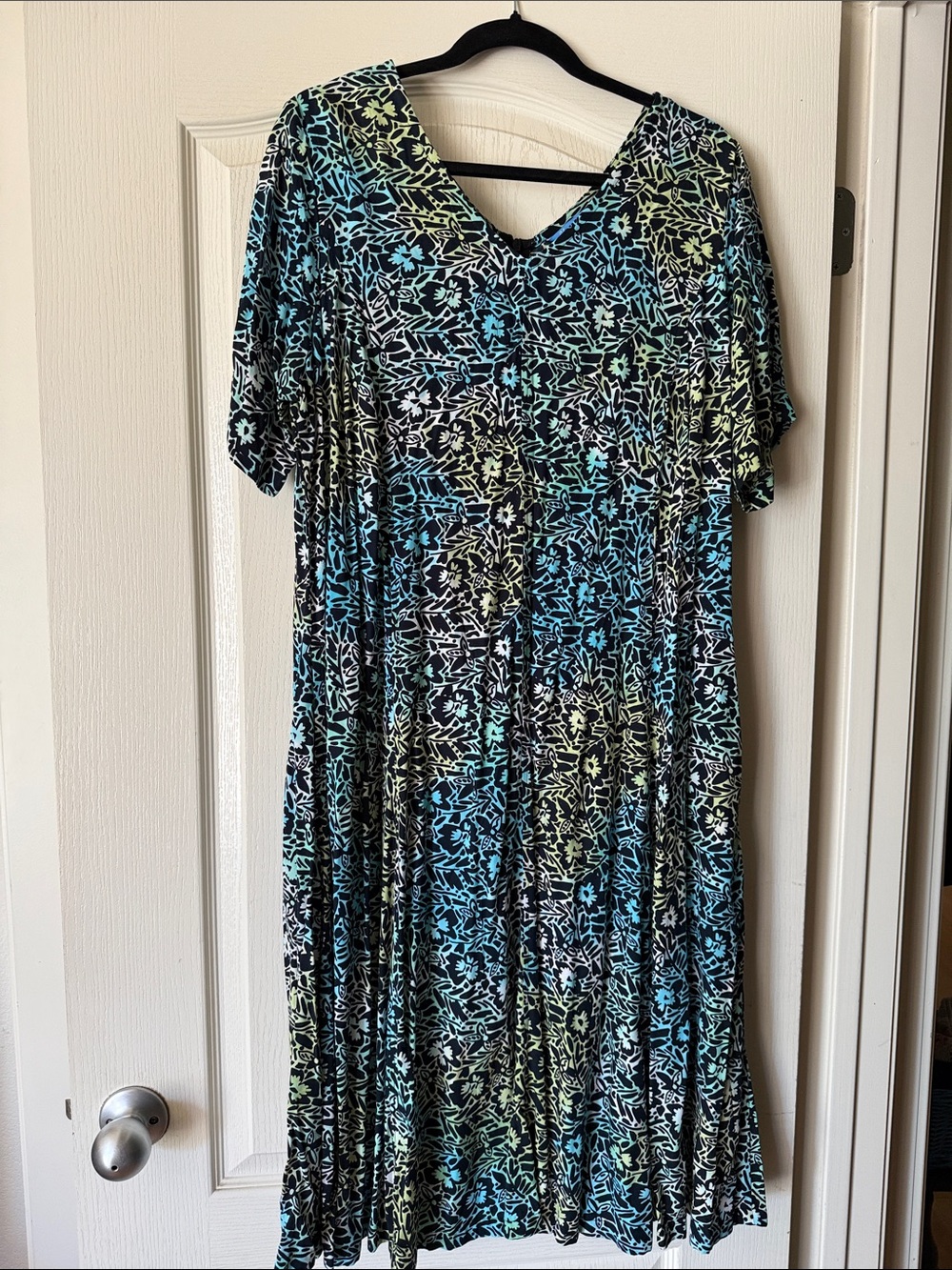 Blue Ginger Women’s V-Neck Floral Midi dress in Black with Blue and Green Print